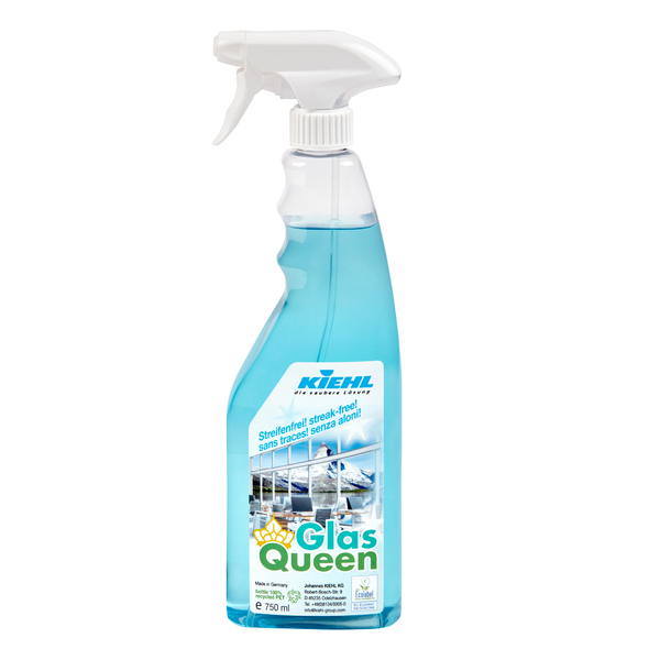 Eine 750-ml-Sprühflasche Johannes Kiehl KG Kiehl GlasQueen Glas- und Oberflächenreiniger mit blauer Flüssigkeit, weißer Abzugsdüse und mehrsprachigem Etikett mit dem Hinweis auf saubere Fenster für eine streifenfreie Reinigung.