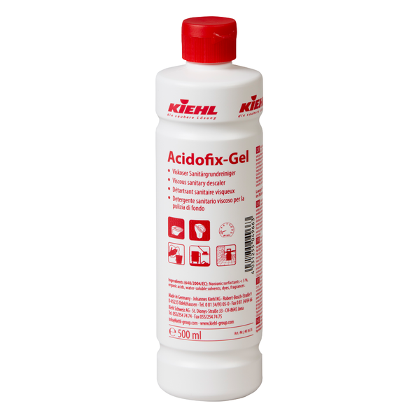 Die weiße 500-ml-Kunststoffflasche des Johannes Kiehl KG Acidofix-Gel Viskoser Sanitär-Grundreiniger verfügt über eine rote Kappe und ein Etikett mit mehrsprachigen Anweisungen und Symbolen zur Entfernung von Kalkablagerungen. Verkauft in Kartons mit 12 Flaschen.