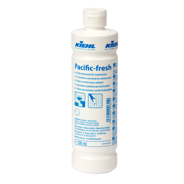 Weiße 500-ml-Kunststoffflasche Kiehl Pacific-fresh Parfüm-Konzentrat für Sanitärräume der Johannes Kiehl KG mit Geruchsneutralisation, langanhaltendem Duft, blauem Text auf dem Etikett und weißem Verschluss. Erhältlich in Kartons mit 12 Flaschen.