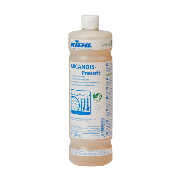 Eine beigefarbene 1L-Kunststoffflasche mit der Aufschrift "Kiehl ARCANDIS-Presoft Schonender Vorreiniger" der Johannes Kiehl KG, mit blauer und weißer Beschriftung, bietet Produktinformation und Dosierung für professionelles Geschirrspülen oder Klarspülen; erhältlich in Kartons mit 6 Flaschen.
