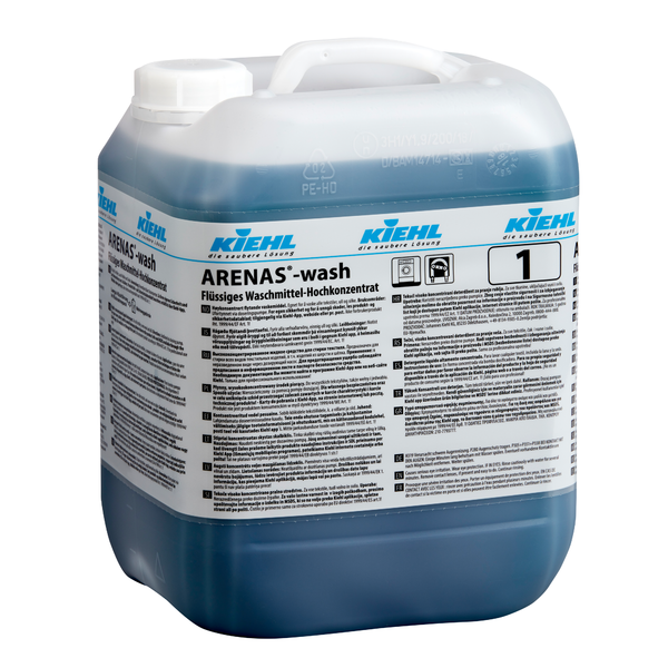 Ein 10-Liter-Kunststoffbehälter von Kiehl ARENAS-wash Flüssiges Alleinwaschmittel der Johannes Kiehl KG, mit blauer Flüssigkeit und mehrsprachigem Etikett. Diese phosphatfreie Formel sorgt für eine effektive Fleckenentfernung.