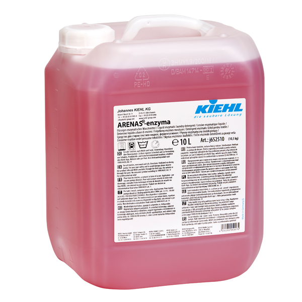 Ein 10-Liter-Behälter aus durchsichtigem Kunststoff mit Kiehl ARENAS-enzyma Flüssiges enzymhaltiges Waschmittel der Johannes Kiehl KG, mit Produktinformation und Anwendungshinweisen zur effektiven Fleckentfernung auf einem weißen Frontetikett.