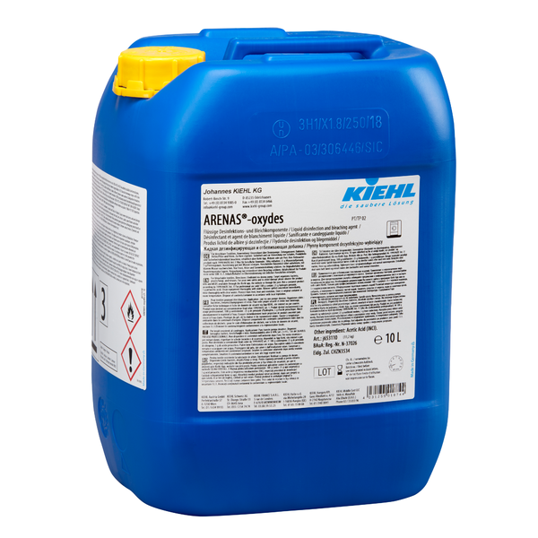 Blauer 10-Liter-Kunststoffbehälter "Kiehl ARENAS-oxydes Flüssige Desinfektions- und Bleichkomponente" der Johannes Kiehl KG, mit weißem Produktetikett, gelbem Deckel, geformtem Griff; ideal für die gewerbliche Reinigung.