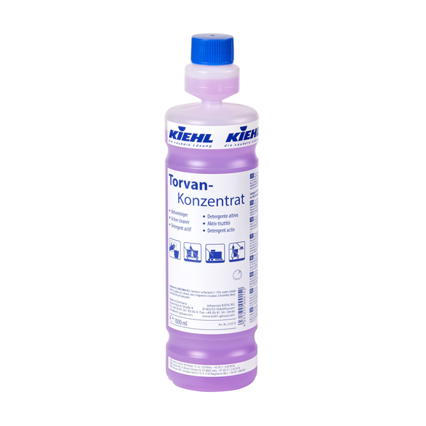 Eine 1-Liter-Flasche Kiehl Torvan-Konzentrat Aktivreiniger der Johannes Kiehl KG mit violettem Verschluss und Etikett mit violetter Reinigungslösung steht auf weißem Hintergrund.