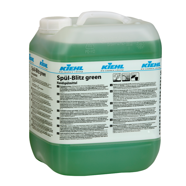 Eine große Kunststoffflasche mit dem Kiehl Spül-Blitz green Handspülmittel der Johannes Kiehl KG, einem umweltfreundlichen, biologisch abbaubaren Geschirrspülmittel mit Schraubverschluss, Griff und ausführlicher Gebrauchsanweisung auf dem Etikett.