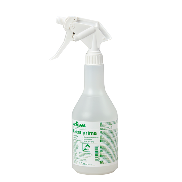 Transparente Kunststoff-Sprühflasche "Kiehl Eloxa prima Metallpflege 750 ml" der Johannes Kiehl KG mit weißer Sprühdüse und grüner Aufschrift zur Reinigung und Pflege von Metalloberflächen; auch als Karton mit 6 Flaschen erhältlich.