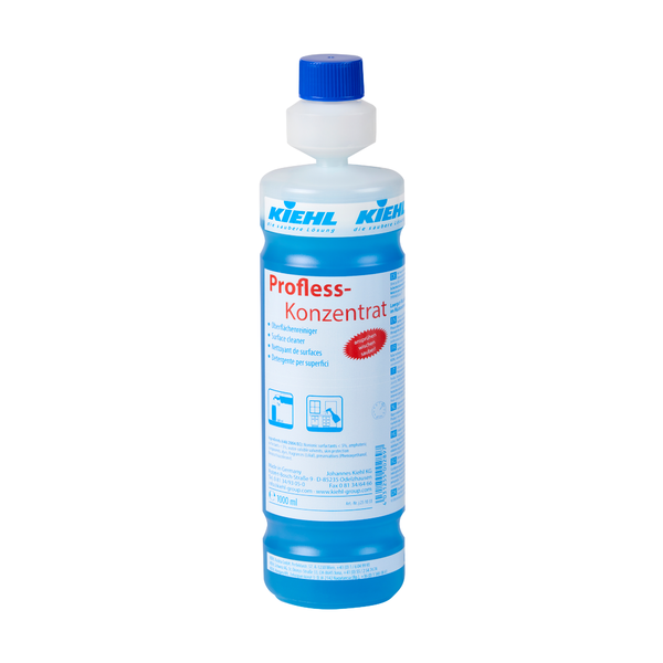 Eine Kunststoffflasche Kiehl Profless-Konzentrat Oberflächenreiniger der Johannes Kiehl KG, mit blauem Verschluss und blauer Flüssigkeit. Das deutsche Etikett gibt Hinweise und Produktinfos zur umweltfreundlichen Reinigung.