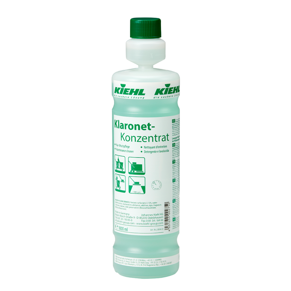 Kiehl Klaronet-Konzentrat Klar-Wischpflege der Johannes Kiehl KG in der weißen 1-Liter-Kunststoffflasche mit grüner Kappe und Etikett mit deutscher Anleitung und Anwendungssymbolen. Ideal für die Reinigung glänzender Böden. Erhältlich in Kartons mit 6 Flaschen.