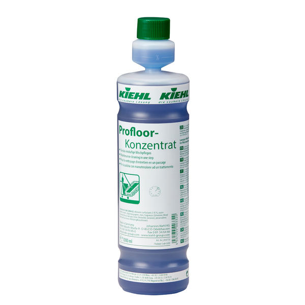 Eine Flasche Kiehl Profloor-Konzentrat Für das einstufige Wischlegen der Johannes Kiehl KG mit grünem Verschluss und weißem Etikett mit deutscher Anleitung zur effektiven Bodenreinigung.
