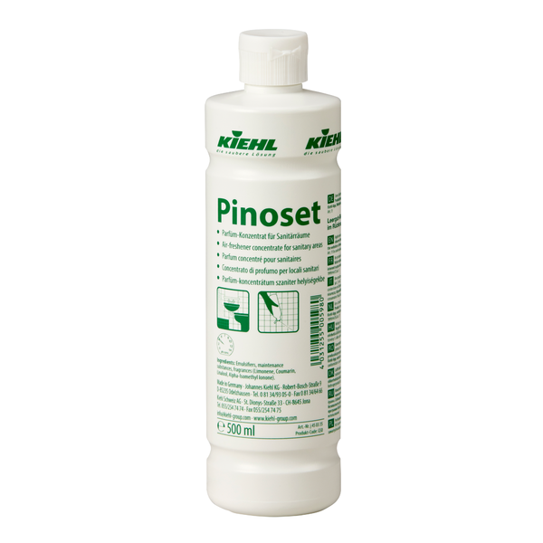 Johannes Kiehl KG Kiehl Pinoset Parfüm-Konzentrat für Sanitärräume in der weißen 500-ml-Flasche mit grünem Etikett - ideal für Sanitärräume und zur effektiven Geruchsneutralisation. Erhältlich in einem Karton mit 12 Flaschen.