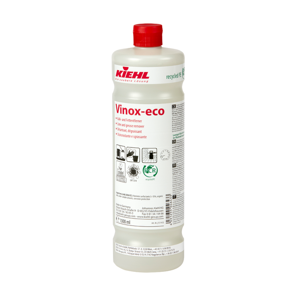 Eine weiße 1-Liter-Kunststoffflasche mit der Aufschrift "Kiehl Xon-forte Schaumreiniger für den Lebensmittelbereich" der Johannes Kiehl KG, mit mehrsprachigem Text und Zertifizierungssymbolen - ideal für die professionelle Reinigung im Lebensmittelbereich.