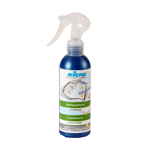 Der Kiehl Insektenentferner von Johannes Kiehl KG ist eine blau-weiße 200 ml Sprühflasche mit einem transparenten Auslöser. Auf dem Etikett sind Autos und Insekten abgebildet, konzipiert für effektiven Insektenschutz als Insektenentferner Auto.