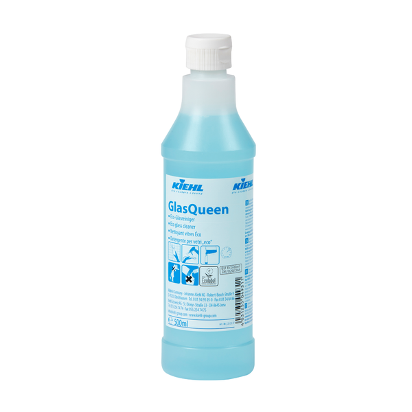 Eine 500-ml-Flasche Johannes Kiehl KG Kiehl GlasQueen Glas- und Oberflächenreiniger mit weißem Verschluss und blauer Flüssigkeit; auf dem Etikett befinden sich Produktinformationen, Anwendungshinweise und blaue Symbole, die die streifenfreie Reinigung verschiedener Oberflächen zeigen.