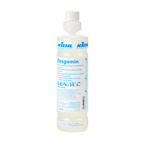 Eine klare 500 ml Kiehl Desgomin Trichterflasche leer von der Johannes Kiehl KG, enthält 6 Schaumsprüher und 6 Sprühaufsätze pro Packung (6 Stück), ideal für Reinigungsmittel Aufbewahrung.