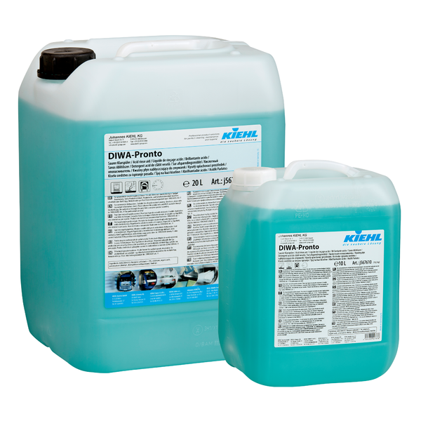 Zwei große Kunststoffbehälter (20L und 10L) Kiehl DIWA-Pronto Saurer Klarspüler by Johannes Kiehl KG-blau flüssiger Klarspüler für gewerbliche Geschirrspüler, sorgt für streifenfreie Ergebnisse.