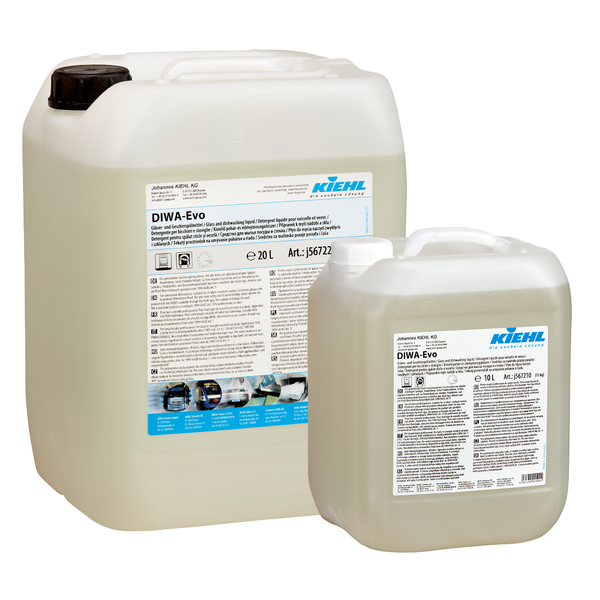 Zwei Kunststoffbehälter (20L und 10L) des Kiehl DIWA-Evo Gläser- und Geschirrspülmittels der Johannes Kiehl KG mit weißen Etiketten mit Produktinfos, Markenlogo und Anwendungshinweisen. Ideal als Geschirr- und Gläserspülmittel.