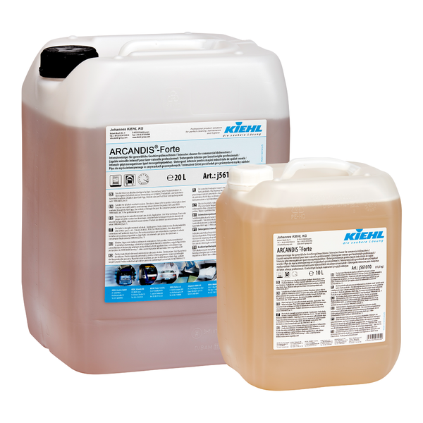 Zwei durchsichtige Kunststoffbehälter (20L & 10L) der Johannes Kiehl KG Kiehl ARCANDIS-Forte Intensivreiniger für gewerbliche Geschirrspülmaschinen, mit weißen Produkt-Detailetiketten.