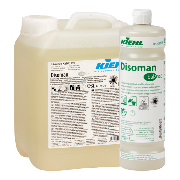 Ein durchsichtiger 5-Liter-Kanister und eine 1-Liter-Flasche, beide mit der Aufschrift "Kiehl Disoman Hochleistungs-Handspülmittel Superkonzentrat" der Johannes Kiehl KG, mit einem Hochleistungs-Handspülmittel Superkonzentrat.