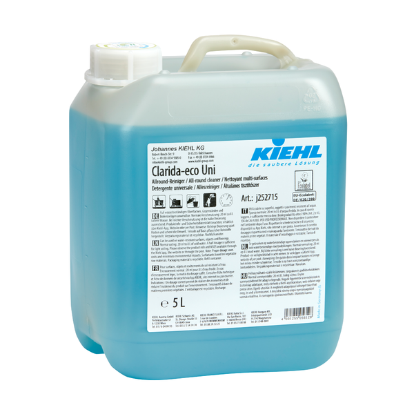 Ein 5-Liter-Kunststoffbehälter mit dem Kiehl Clarida-eco Uni Allround-Reiniger der Johannes Kiehl KG, innen blau, mit weißem Verschluss, Griff und mehrsprachigem Etikett mit Produktinformationen und Anweisungen.