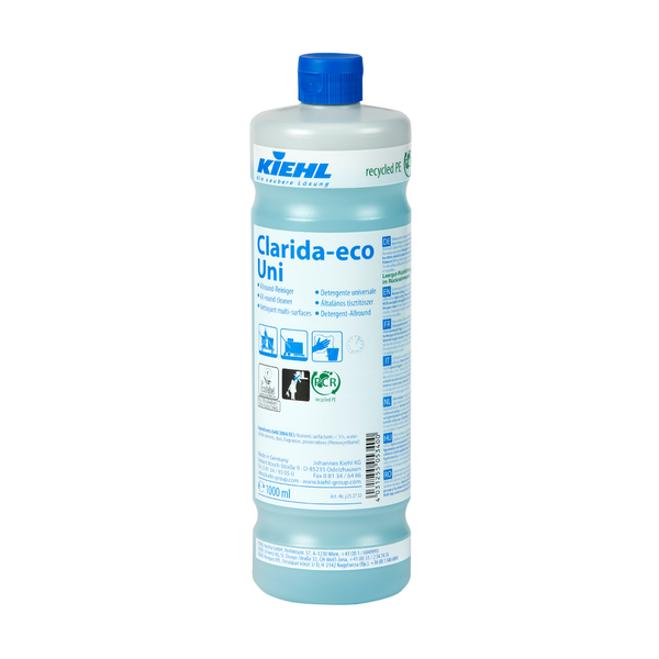 Eine 1-Liter-Kunststoffflasche des Johannes Kiehl KG Kiehl Clarida-eco Uni Allround-Reiniger mit blauem Verschluss und blauem Etikett steht aufrecht auf weißem Grund.