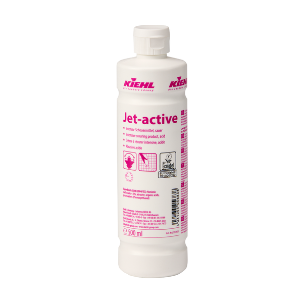 Kiehl Jet-active Intensiv-Scheuermittel, sauer, von Johannes Kiehl KG, 500 ml, weiße Kunststoffflasche, mit rosafarbenem Text und Sicherheitshinweisen auf dem Etikett; geeignet für hartnäckigen Schmutz. Die Flasche hat einen weißen Verschluss. Erhältlich im 12er-Karton.