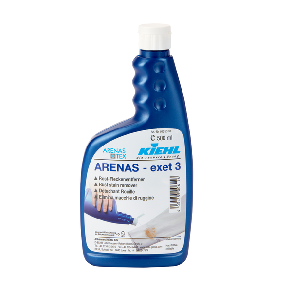 Eine blaue 500-ml-Flasche Kiehl ARENAS-exet 3 Rost-Fleckenentferner der Johannes Kiehl KG mit mehrsprachigem Text und einem Bild, das Hände beim Entfernen von Rostflecken auf Stoff zeigt.