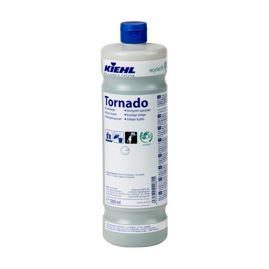 Weiße 1L-Kunststoffflasche Kiehl Tornado Kraftreiniger der Johannes Kiehl KG mit blauer Kappe und Produktinformation sowie Öko-Zertifizierung in blauer Schrift, ideal für die industrielle Reinigung.