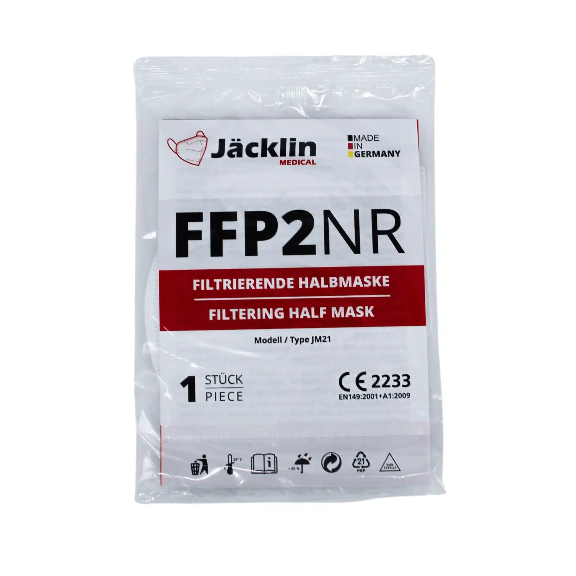 Die Jäcklin Medical FFP2 Maske, eine unverzichtbare Schutzausrüstung für medizinisches Personal, wird in einem transparenten Beutel geliefert, auf dem rot-schwarzer Text auf die deutsche Herkunft hinweist. Symbole am unteren Rand heben die verschiedenen Funktionen hervor.