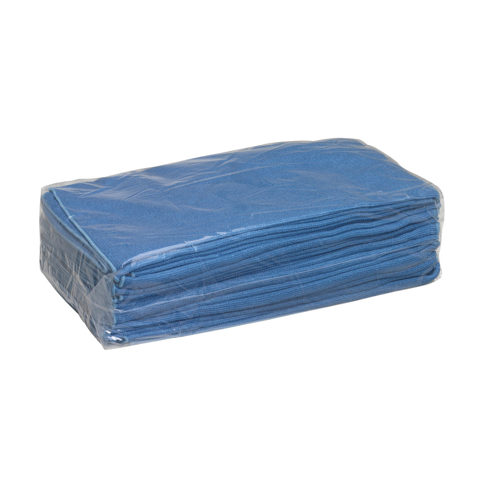 Ein Stapel blauer Kimtech® Mikrofaser-Oberflächenwischtücher von Kimberly-Clark GmbH (1 Karton x 25 Blatt) ist sauber gefaltet und in durchsichtigem Plastik verpackt, abgebildet auf weißem Hintergrund.