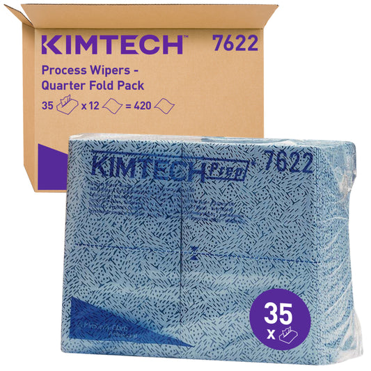Eine Schachtel mit der Aufschrift "Kimtech® Prozeßwischtücher - Viertelgefaltet / Blau - 12 Beutel x 35 Tücher" von Kimberly-Clark GmbH, mit blauen Prozeßwischtüchern auf der Vorderseite. Die Verpackung zeigt "35 x" und Produktinformation in lila und blauer Schrift.