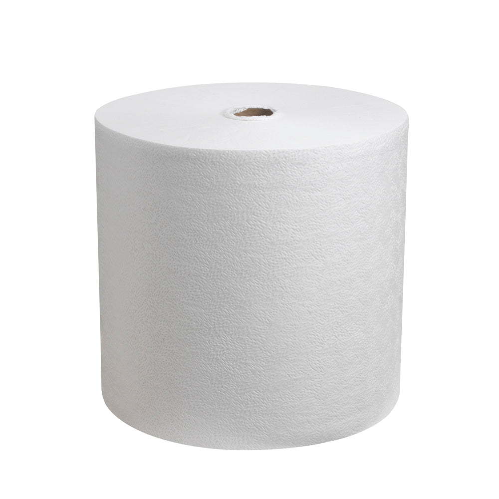 Eine Kimtech® Pure Wischtücher Großrolle (600 Tücher, Weiß) von Kimberly-Clark GmbH steht aufrecht vor weißem Hintergrund; die fusselfreien, strukturierten Tücher sind sauber um einen Kartonkern mit sichtbarer Öffnung gewickelt.