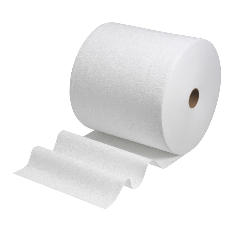 Eine Großrolle weißer Kimtech® Pure Wischtücher von Kimberly-Clark GmbH (1 Rolle x 600 Blatt) ist mit einigen ausgerollten Blättern vor einem schlichten weißen Hintergrund abgebildet.