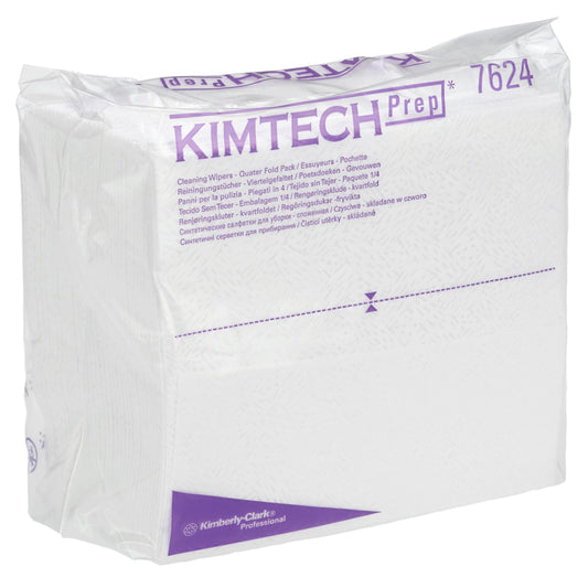 Eine versiegelte Packung Kimberly-Clark GmbH Kimtech® Pure Wischtücher, weiß und viertelförmig gefaltet, mit lila Branding. Die transparente, rechteckige Packung enthält 12 Packungen mit je 35 absorbierenden Tüchern für eine effiziente Reinigung.