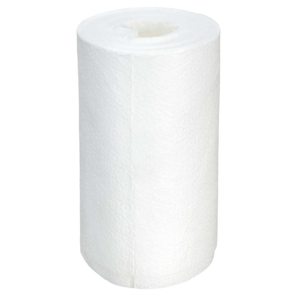 Eine einzelne unbenutzte Kimtech® Wettask™ DS Wischtücher Kleinrolle von Kimberly-Clark GmbH steht aufrecht auf einem schlichten weißen Hintergrund.