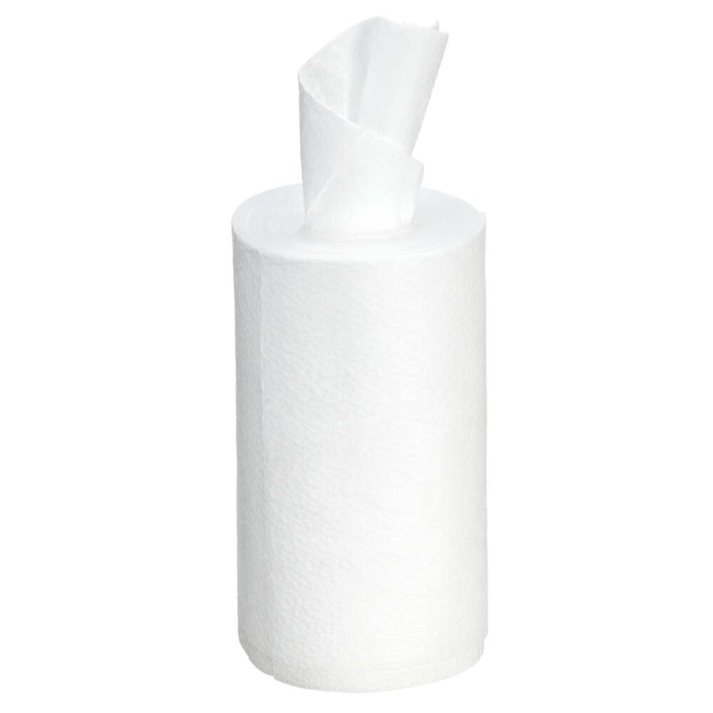 Eine kleine Rolle Kimtech® Wettask™ DS Wischtücher (Kimberly-Clark GmbH, 12 Rollen x 55 Tücher) mit einem aufgezogenen Blatt - praktische weiße Reinigungstücher im Karton, perfekt für den vielseitigen täglichen Gebrauch.