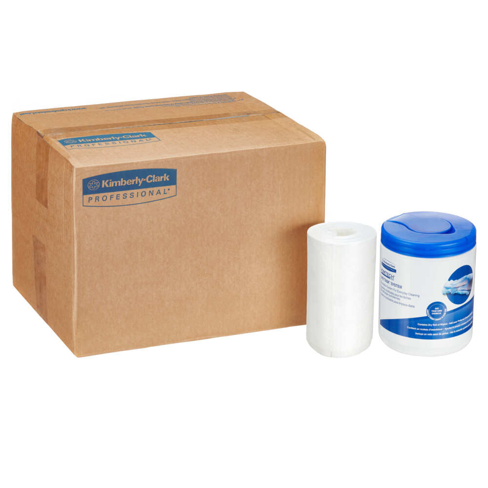 Eine braune Schachtel mit der Aufschrift "Kimberly-Clark GmbH" steht neben einer Rolle Kimtech® Wettask™ DS Wischtücher Kleinrollen, 12 Nachfüllpackungen à 55 Blatt pro Karton - ideal für vielseitige Reinigungstücher.