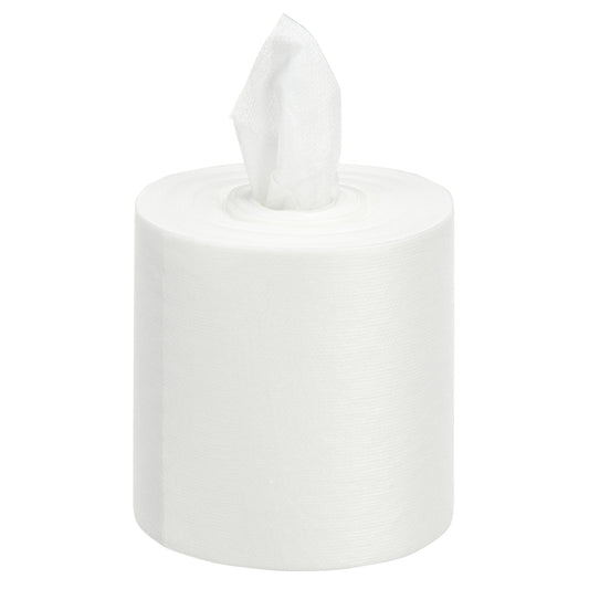 Eine einzelne große weiße Rolle der WypAll® Wettask™ PowerClean Reinigungstücher (6 Nachfüllungen x 120 Blatt, Weiß) der Kimberly-Clark GmbH ist mit einem teilweise aus der Mitte herausgezogenen Blatt auf einem einfarbig weißen Hintergrund abgebildet.