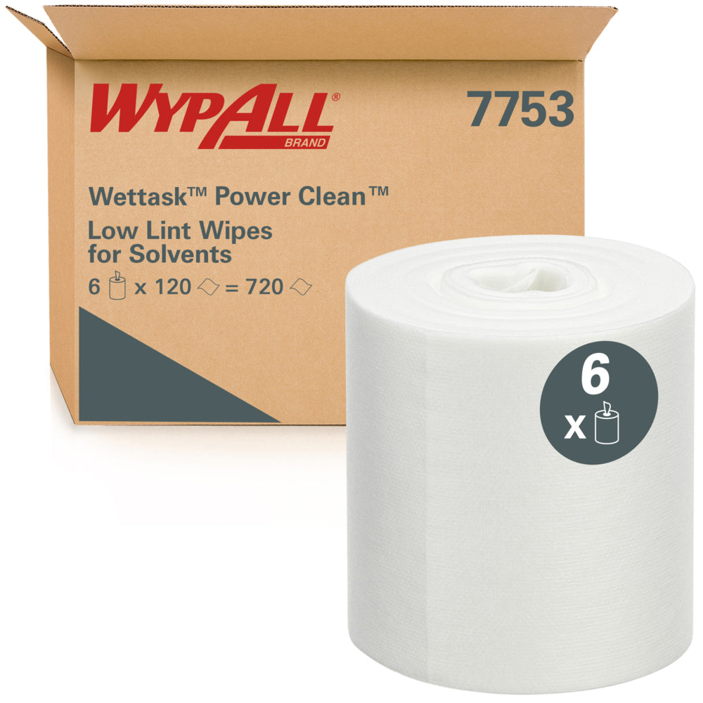 Eine große weiße Rolle WypAll® Wettask™ PowerClean Reinigungstücher von Kimberly-Clark GmbH ist vor einer Markenbox abgebildet, die 6 Rollen mit je 120 Blatt enthält, insgesamt 720 Tücher zur Verwendung mit der von Ihnen gewählten Reinigungslösung.