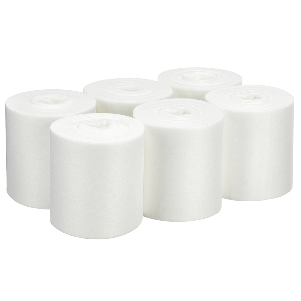 Sechs ungeöffnete Rollen WypAll® Wettask™ Wischtücher, Weiß (6 Nachfüllpackungen x 90 Blatt), von Kimberly-Clark GmbH, sind aufrecht in zwei Reihen auf weißem Hintergrund angeordnet, so dass die eng gewickelten, kreisrunden Oberteile deutlich zu sehen sind.