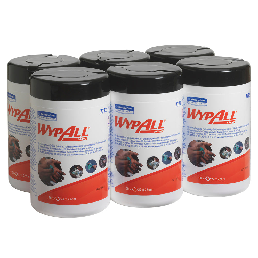 Sechs grüne WypAll® Wischtücher (Kimberly-Clark GmbH) mit je 50 Blatt sind in zwei Reihen angeordnet. Der Sechser-Karton enthält wiederverwendbare Tücher, die für ihre hohe Saugkraft bekannt sind.