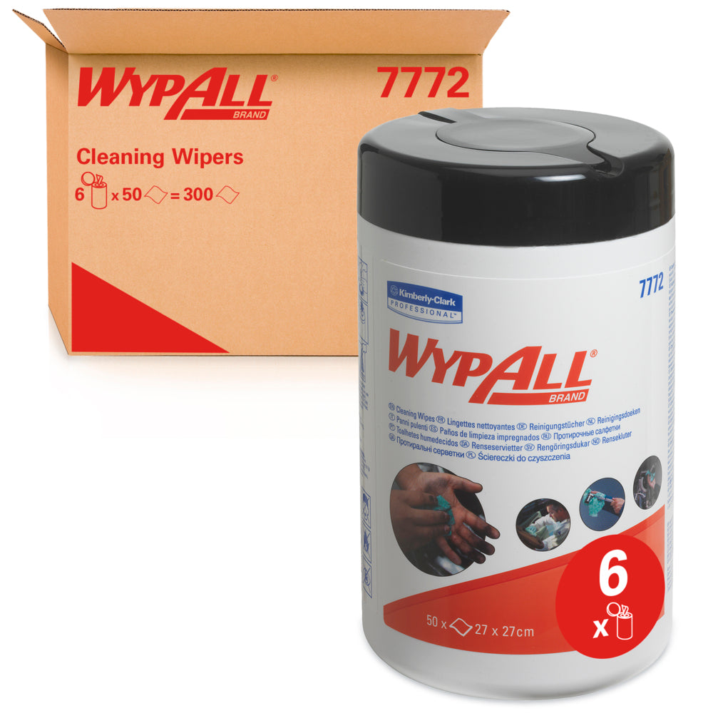 Ein Behälter mit WypAll® Wischtüchern - Grün von Kimberly-Clark GmbH ist vor einem braunen Karton mit der Aufschrift "6 Tubs x 50 Sheets = 300" abgebildet. Auf dem Behälter befinden sich Gebrauchsanweisungen und ein rotes "6 x"-Symbol.