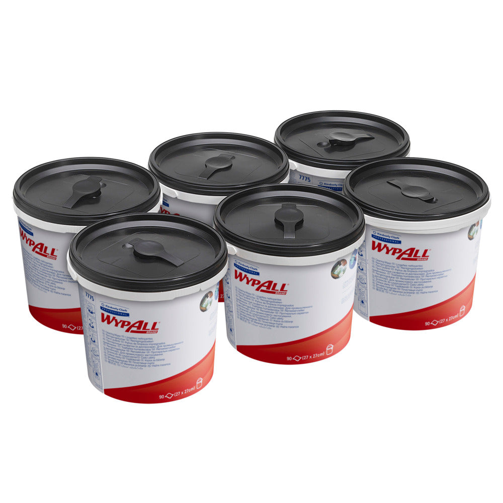 Sechs Kimberly-Clark GmbH WypAll® Wischtücher - Grün (6 Eimer x 90 Blatt) sind in einem beschrifteten Spender auf weißem Hintergrund zusammengefasst.