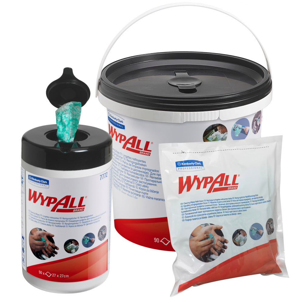 WypAll® Wischtücher - Grün von Kimberly-Clark GmbH gibt es in drei Behältern: einem Pop-up-Kanister, einem großen Eimer mit Henkel und einem Nachfüllbeutel - jeweils mit dem Logo und Bildern von Händen, die mit diesen weichen Vliesstofftüchern gereinigt werden.