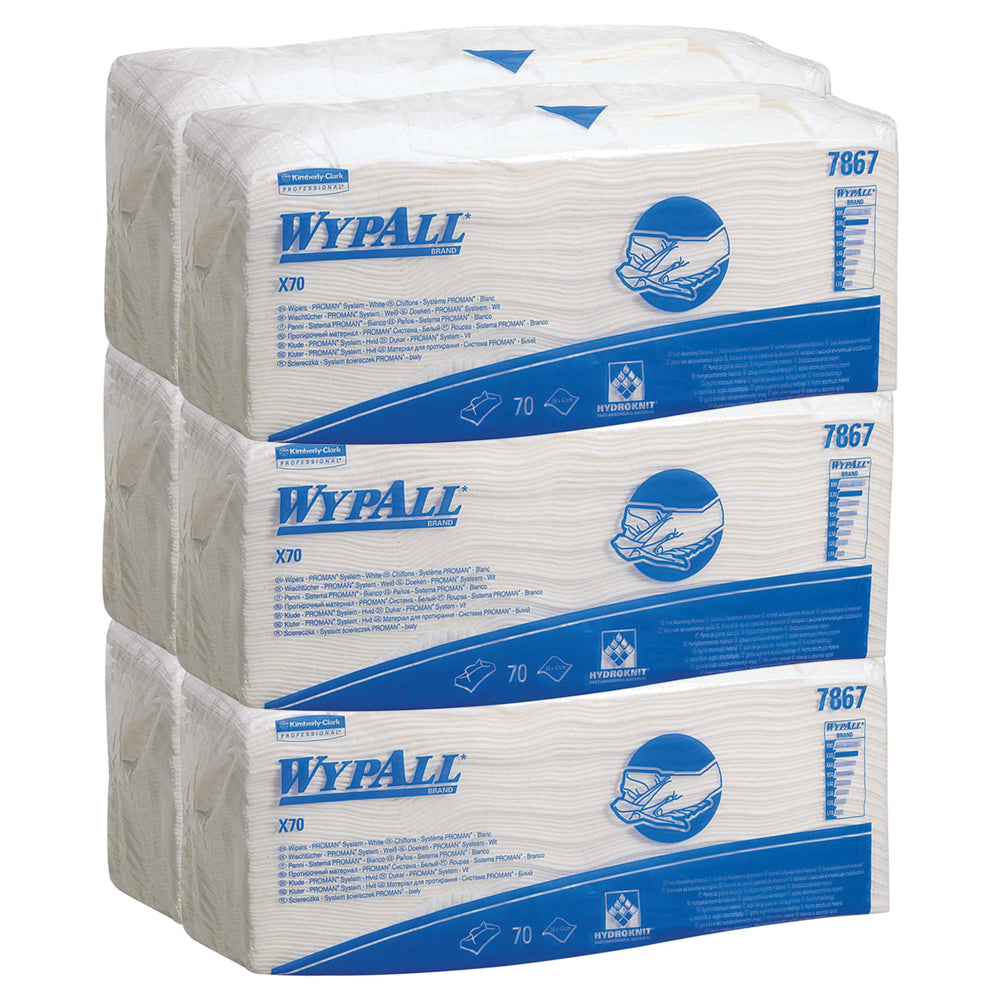 Sechs Packungen WypAll® X70 Wischtücher von Kimberly-Clark GmbH mit jeweils 70 weißen Blättern sind gestapelt. Die Verpackung zeigt blauen Text, Produktdetails und Abbildungen für die industrielle Reinigung.