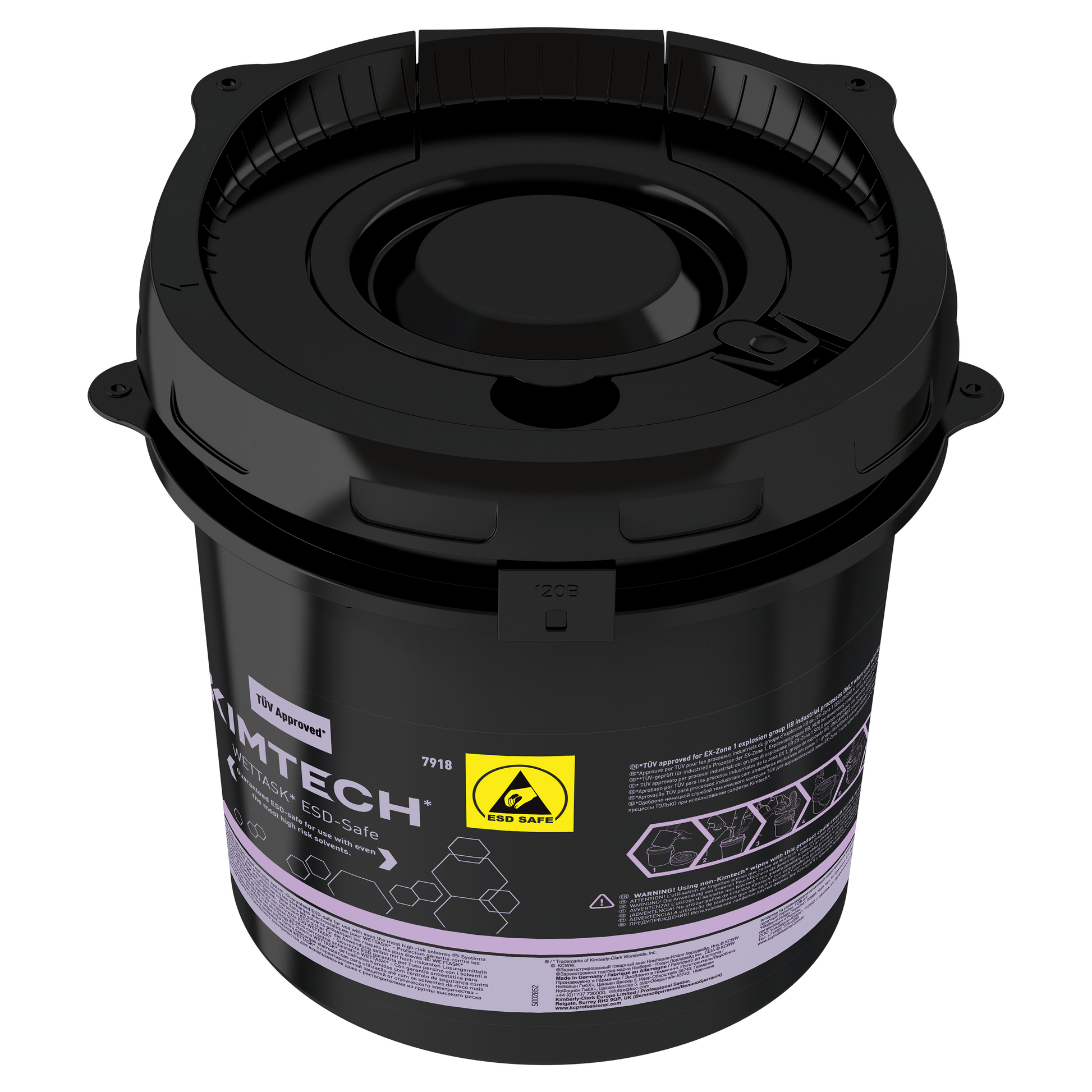 Kimtech® WETTASK* ESD Rollen Wischtuch Spendereimer aus schwarzem Kunststoff von Kimberly-Clark GmbH mit Drehverschlussdeckel und gelbem ESD-Safe-Warnhinweis, beschriftet mit Produktangaben - ideal für den Einsatz in sensiblen ESD-Bereichen. Karton enthält 4 Eimer.