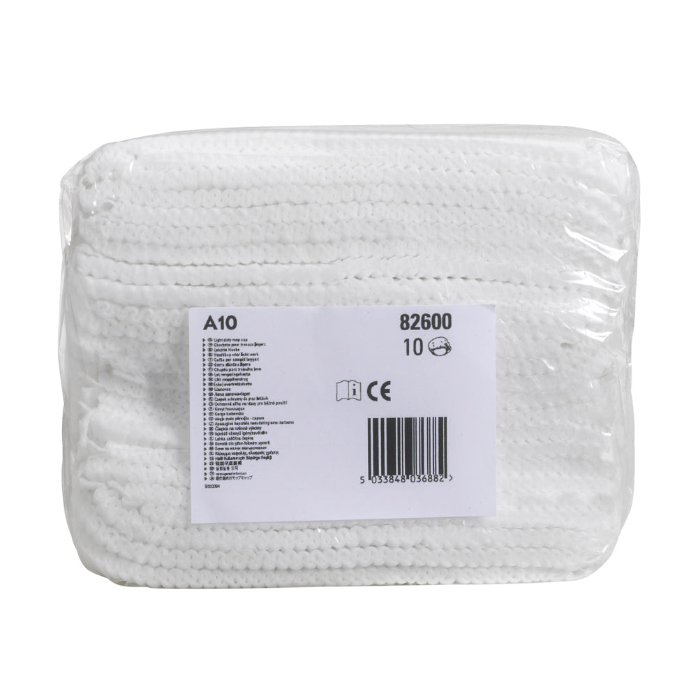 Eine durchsichtige Kunststoffverpackung enthält gestapelte weiße Mopkappen. Das weiße Etikett enthält Produktinformationen, einen Barcode und den Text "KleenGuard® A10 Leichte Haube mit Gummizug/Weiß/Universal - 1000 Mobcaps | Karton" von Kimberly-Clark GmbH.