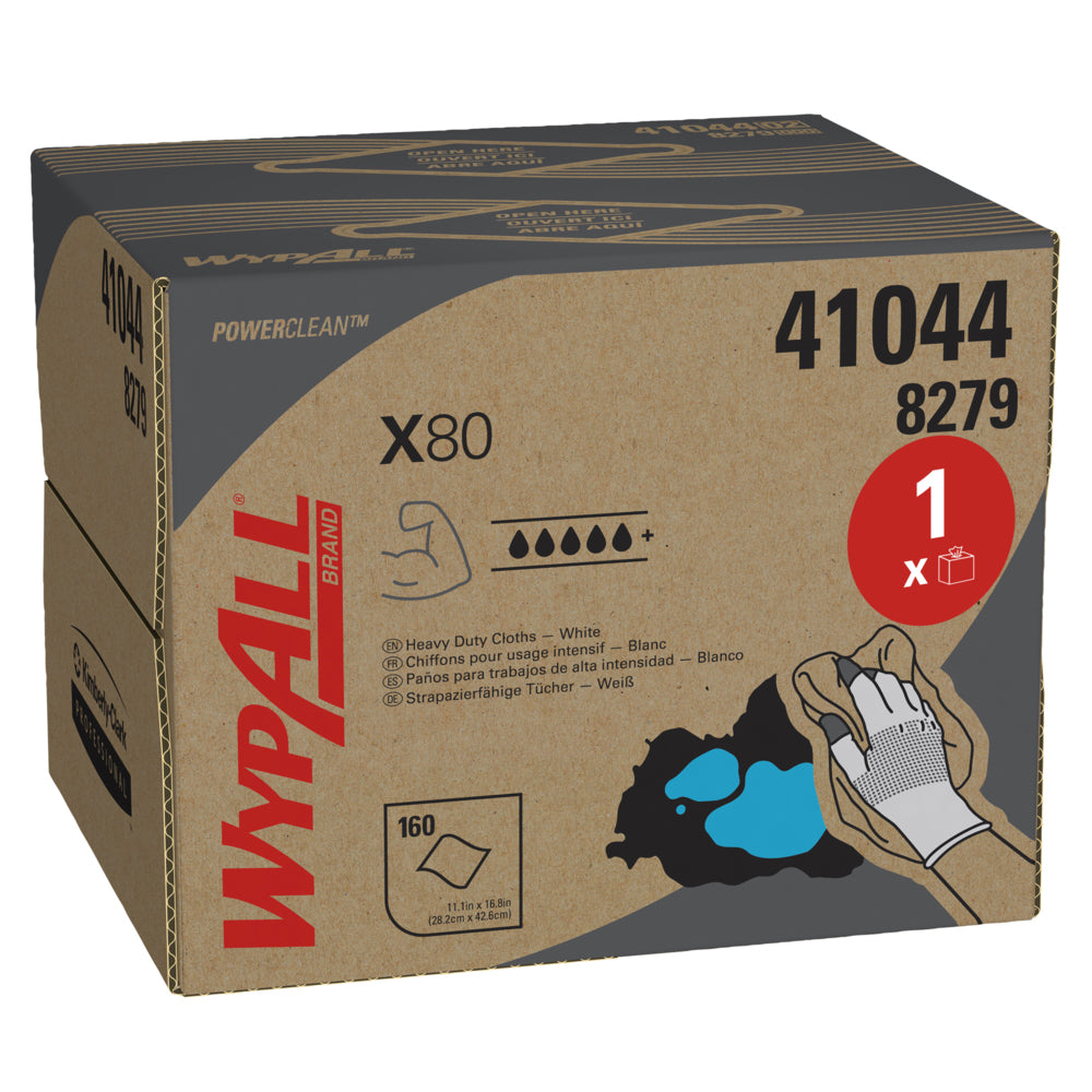 Ein Karton von WypAll® X80 PowerClean - BRAG™ Box / Weiß von Kimberly-Clark GmbH enthält 160 weiße Blätter. Der Karton enthält Produktinformationen, Symbole für die Saugfähigkeit und die Abbildung einer Hand mit Handschuhen, die für den industriellen Einsatz gereinigt wird.