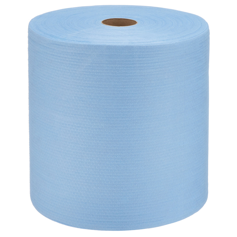 Eine WypAll® X80 PowerClean Großrolle (31,00 x 31,50 cm) der Marke Kimberly-Clark GmbH mit kleinem braunen Kartonkern steht aufrecht vor weißem Hintergrund.
