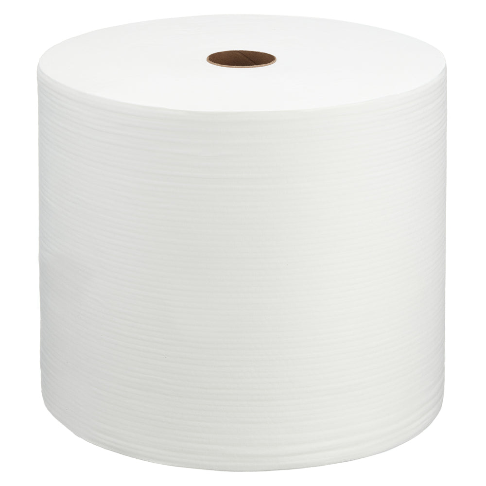 Die WypAll® X70 PowerClean Großrolle in Weiß von Kimberly-Clark GmbH besteht aus 1 Rolle mit 870 Blatt und einem braunen Pappkern, der aufrecht auf weißem Hintergrund abgebildet ist - ideal für die industrielle Reinigung.