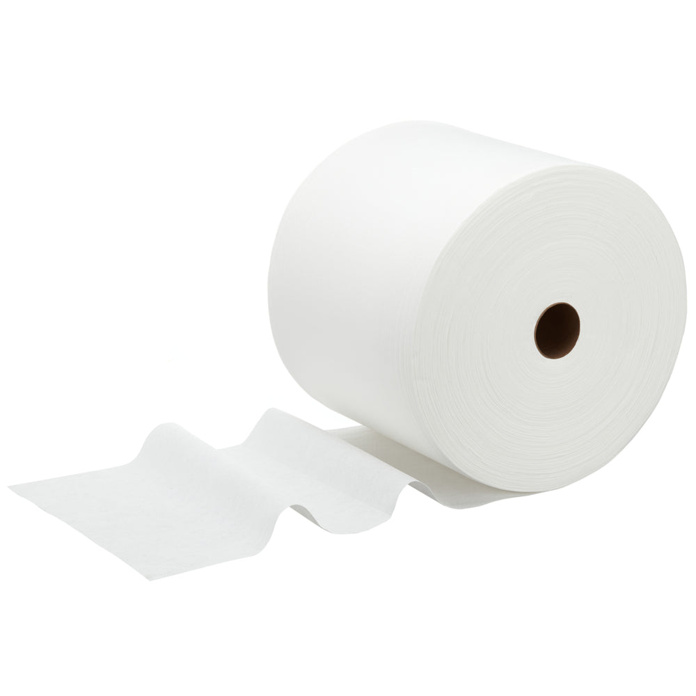 Eine große Rolle WypAll® X70 PowerClean Reinigungstücher (Kimberly-Clark GmbH, 1 Rolle x 870 Blatt, Weiß) ist mit mehreren ausgerollten Blättern, ideal für die industrielle Reinigung, vor einem schlichten weißen Hintergrund abgebildet.